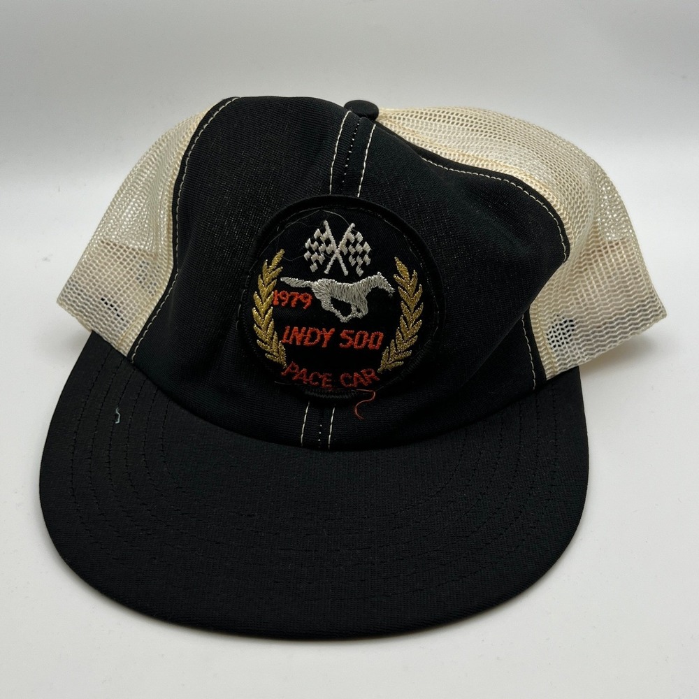 Vintage 70s Indy 500 Pace Car Trucker Hat M/L Black Mesh Snapback Sportswear USA